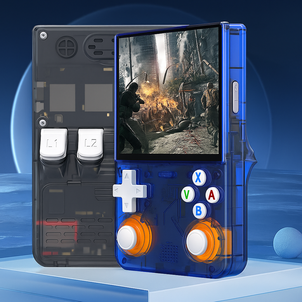 R36ULTRA with transparent blue casing displaying a game on screen.
