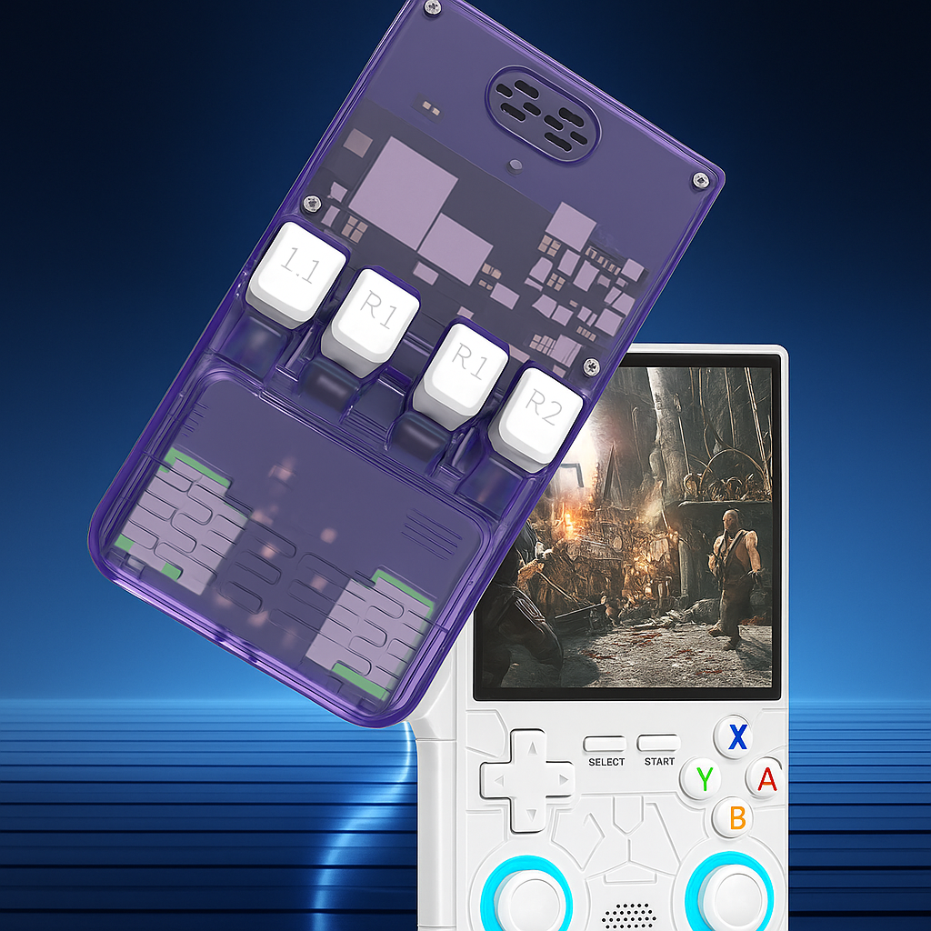 R36ULTRA with purple top half and white bottom half, displaying a game on screen.