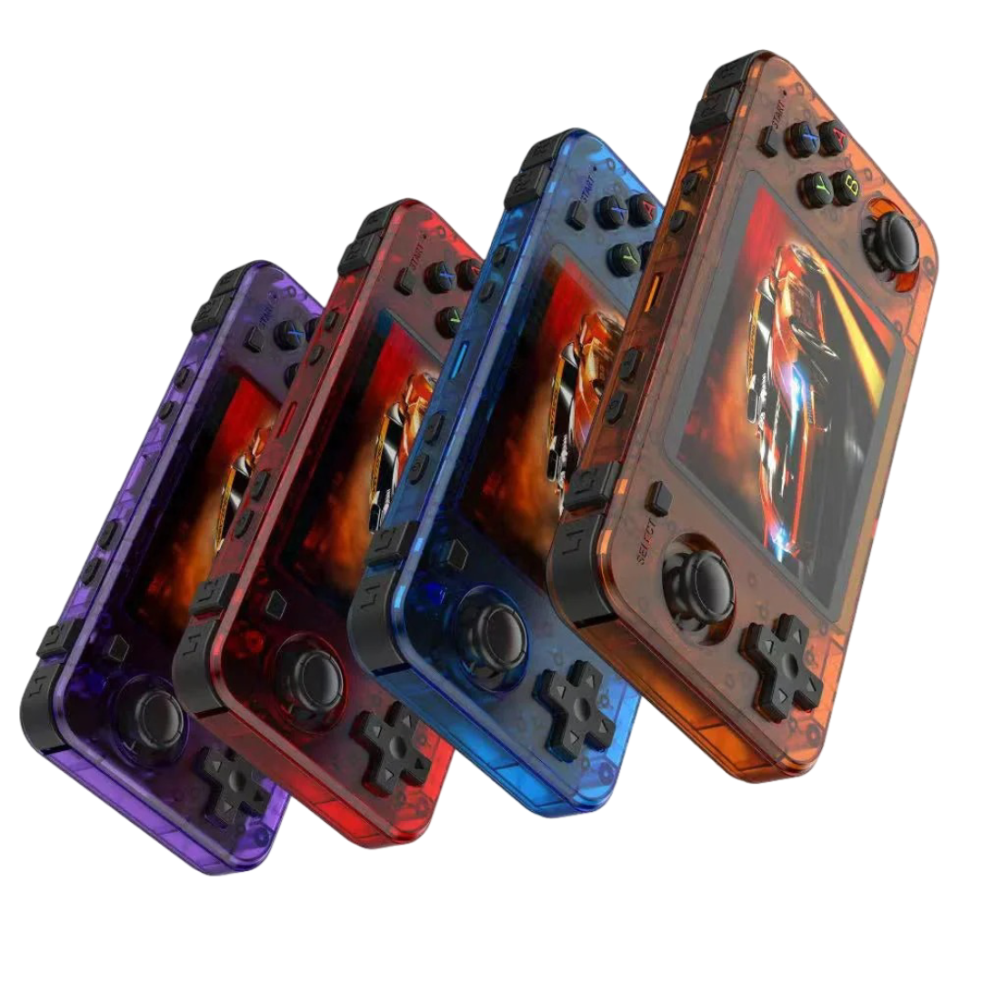 Four r36h with screens displaying game graphics on a white background.